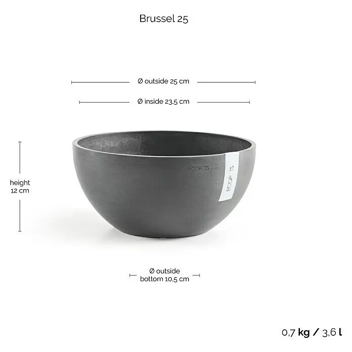 Ecopots Brussels Pflanzschale rund - Außenmaß (Ø x H): 25 x 12 cm, Kunststoff, Grau - Dunkelgrauer runder Pflanztopf 'Brussel 25' mit 25 cm Außendurchmesser, 12 cm Höhe und 3,6 L Volumen.