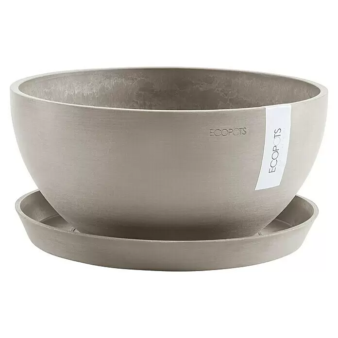 Ecopots Brussels Pflanzschale rund - Außenmaß (Ø x H): 25 x 12 cm, Kunststoff, Braungrau - Grauer runder ECOPOTS Pflanztopf mit Untersetzer.