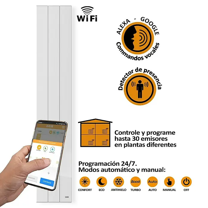 HJM Emisor térmico Vertical Ixora - 1.000 W, Blanco, 25,5 x 10 x 150 cm, Cerámico - Radiador inteligente con control WiFi mediante app y asistentes de voz para una calefacción cómoda y eficiente.