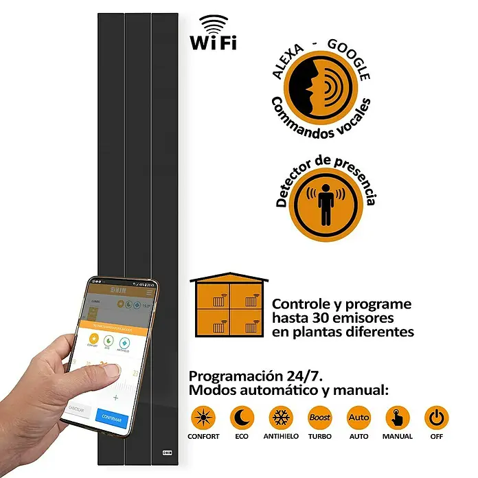HJM Emisor térmico Vertical Ixora - 1.000 W, Negro, 10 x 25,5 x 150 cm, Cerámico - Imagen de producto de un calefactor con control de aplicación para smartphone, símbolo Wi-Fi, control por voz y diferentes modos de calefacción.