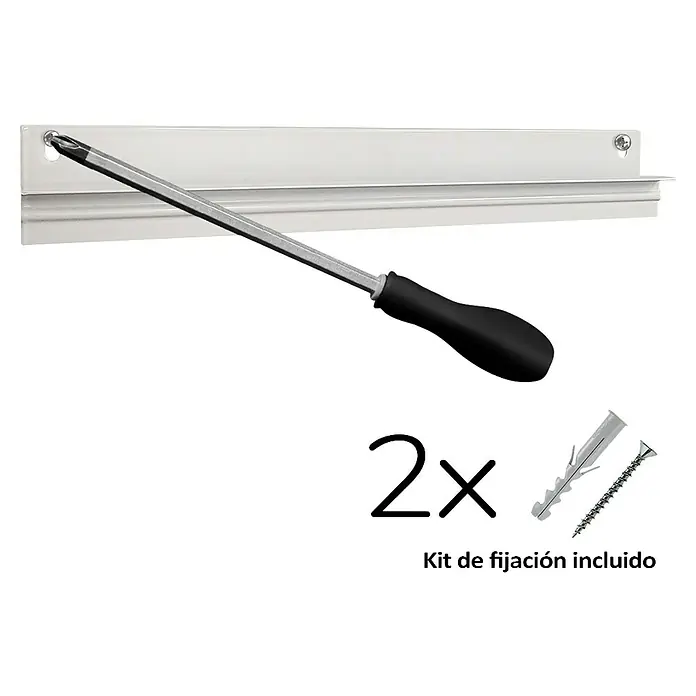 HJM Emisor térmico Vertical Ixora - 1.000 W, Blanco, 25,5 x 10 x 150 cm, Cerámico - La imagen muestra una barra de montaje con un destornillador y material de fijación, ideal para la instalación.