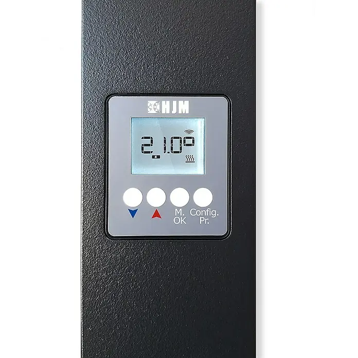 HJM Emisor térmico Vertical Ixora - 1.000 W, Negro, 10 x 25,5 x 150 cm, Cerámico - Primer plano de un panel de control HJM con pantalla LCD, botones e indicador de temperatura en un calefactor negro.