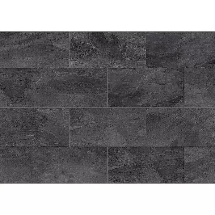 Krono Original Laminat Organic Classic - Nightfall Slate, Fliese, 638 x 330 x 8 mm - Dunkelgraue rechteckige Schieferfliesen mit natürlicher Steintextur.