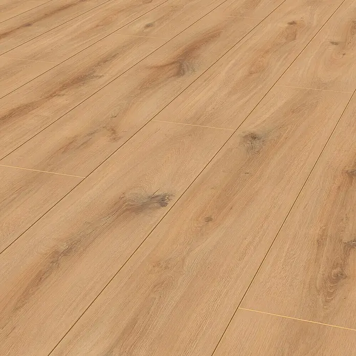 Krono Original Laminatmuster Organic Classic Golden Vista Oak - 297 x 195 x 8 mm, Landhausdiele - Nahaufnahme eines Laminatbodens mit Holzmuster. Die Paneele sind hellbraun und haben eine natürliche Holzmaserung.