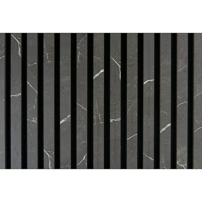 FibroTech Akustikpaneel Stone - Pattern Stone, L x B x S: 2.440 x 520 x 18 mm - Elegante Wandverkleidung mit dunkelgrauem Marmor-Effekt und schwarzen Leisten. Das Produkt verleiht jedem Raum eine moderne Note.\n