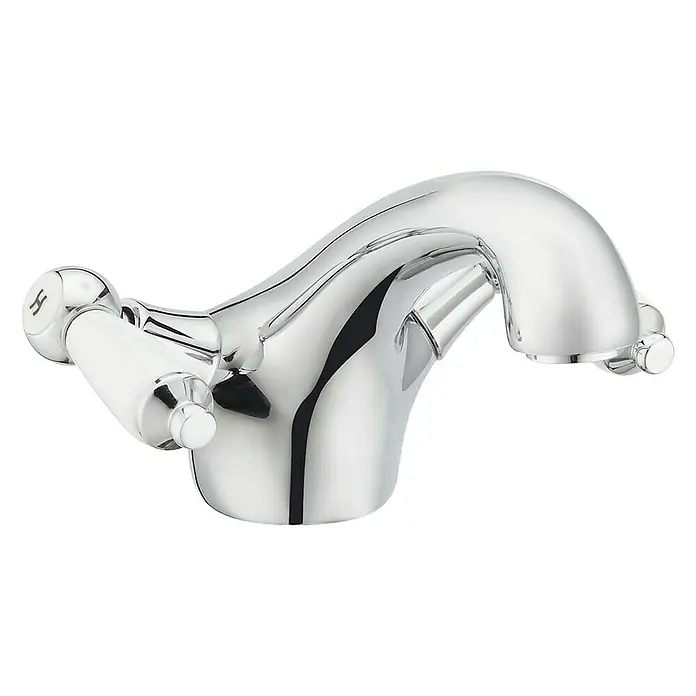 Rousseau Grifo de lavabo Retro - Cromo, Brillante - Primer plano de un grifo cromado brillante con manijas blancas, que ofrece un diseño elegante y funcional para cualquier baño.