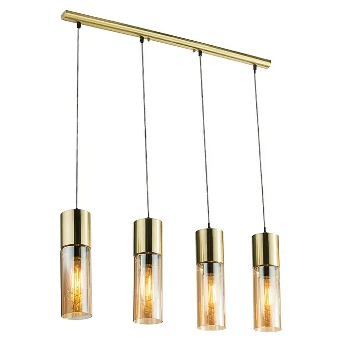 Globo Annika Pendelleuchte - 25 W, E27 - Elegante Hängeleuchte mit vier zylindrischen Lampenschirmen in Gold und Glas, die ein warmes Licht abgeben. Ein stilvolles Designelement für jeden Raum.