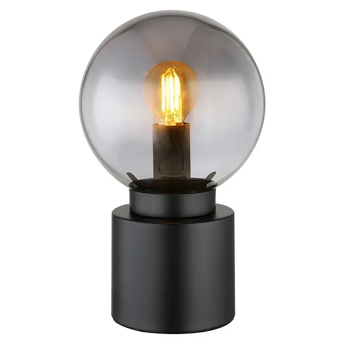 Globo Lámpara de sobremesa redonda Marka - 25 W, Ø x Al: 15 x 24,5 cm, Negro mate, E14 - Esta elegante lámpara de mesa presenta un globo de cristal transparente y una base negra mate, que irradia luz cálida. Un toque elegante para cualquier habitación.