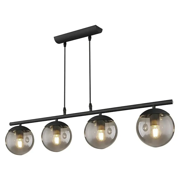 Globo Pendelleuchte Blama - L x B x H: 90 x 15 x 120 cm, Schwarz - Die Pendelleuchte mit vier Rauchglas-Kugelschirmen ist ein echter Hingucker. Die moderne Lampe mit dem schwarzen Metallrahmen passt perfekt in jedes Wohnzimmer.