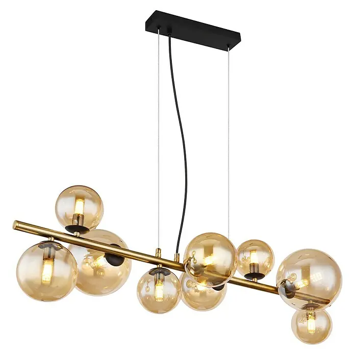 Globo Riha Pendelleuchte - 31,5 W, L x B x H: 86 x 36 x 120 cm, G9 - Moderne Hängeleuchte mit goldenen Kugeln und schwarzer Aufhängung, die ein warmes und einladendes Licht spendet.