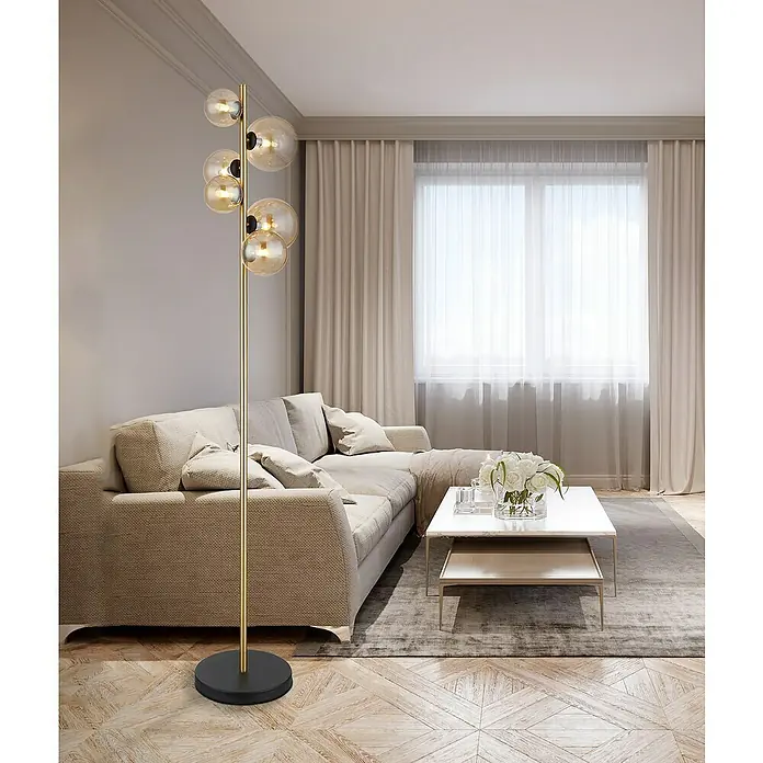 Globo Riha Lámpara de pie LED - 3,5 W, Altura: 155 cm, Dorado, Blanco cálido - Elegante lámpara de pie con estructura dorada y pantallas esféricas, que añade un toque de estilo moderno a cualquier estancia.
