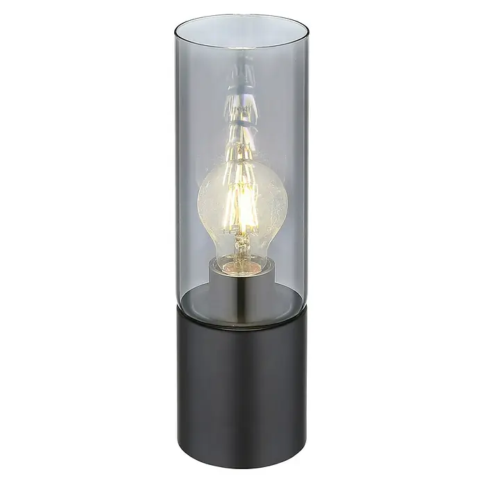 Globo Lámpara colgante Annika - 25 W, Ø x Al: 10 x 150 cm, Negro, E27 - Primer plano de una lámpara de mesa moderna con un cilindro de vidrio color humo y bombilla decorativa.