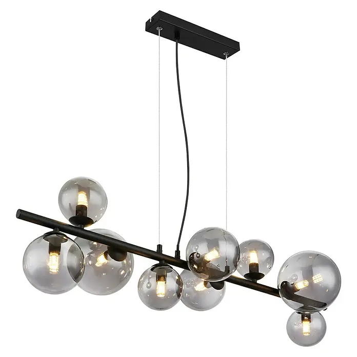 Globo Riha Pendelleuchte - 31,5 W, L x B x H: 86 x 36 x 120 cm, Rauchglas, Schwarz, G9 - Elegante Pendelleuchte mit mehreren Glaskugeln an einer schwarzen Stange, ideal für modernes Ambiente.