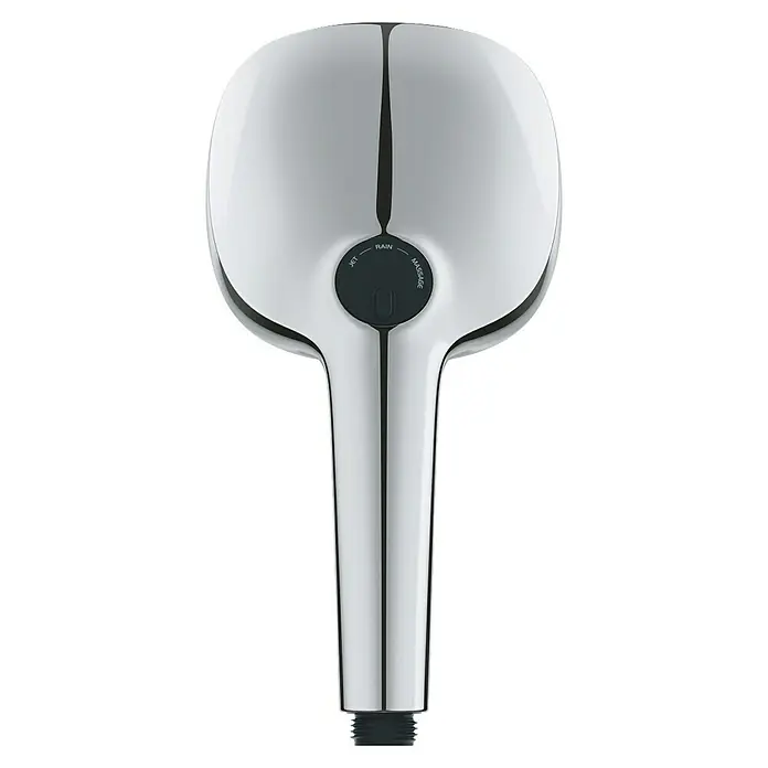 Grohe Vitalio Comfort Handbrause 110 - Anzahl Funktionen: 3 Stk., Durchmesser: 110 mm, Chrom - Bild einer modernen, verchromten Handbrause mit verschiedenen Strahlarten. Das Design ist elegant und funktional, perfekt für ein entspannendes Duscherlebnis.