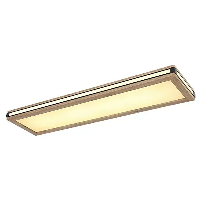 Globo LED-Deckenleuchte Carla - 20 W, Warmweiß, Holzoptik, L x B x H: 80 x 20 x 7,5 cm - Rechteckige LED-Deckenleuchte mit hellem Holzrahmen, warmweiß beleuchtetem Panel und schwarzen Details.