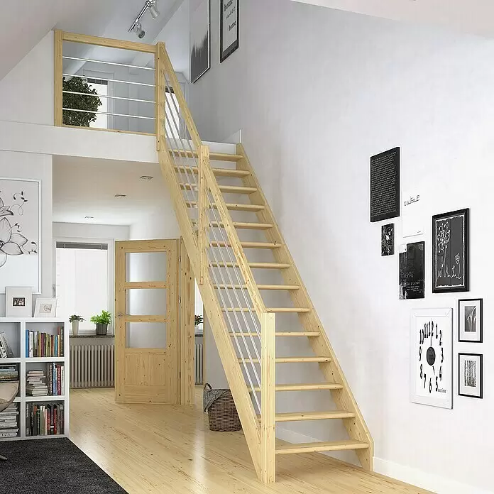 Dolle Raumspartreppe Paris - Breite: 83,5 mm, Fichte, Unbehandelt, Geschosshöhe: 280,5 cm, Gerade, Edelstahlstäbe, Ohne Setzstufen - Gerade Treppe aus Naturholz mit Metallgeländer, verbindet zwei Ebenen in einem hellen Zuhause.