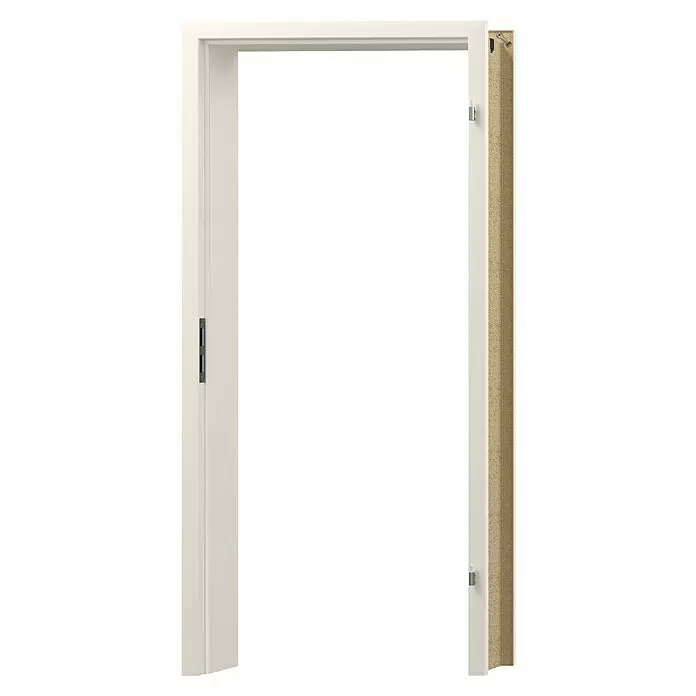 GetaDoor Laminit Türzarge GL 223 - 860 x 2.110 mm, Wandstärke: 145 mm, DIN Anschlag: Rechts, Weiß seidenmatt - Weißer Türrahmen mit sichtbarem beigem Kernmaterial-Querschnitt rechts und Hardware-Details auf beiden Seiten.