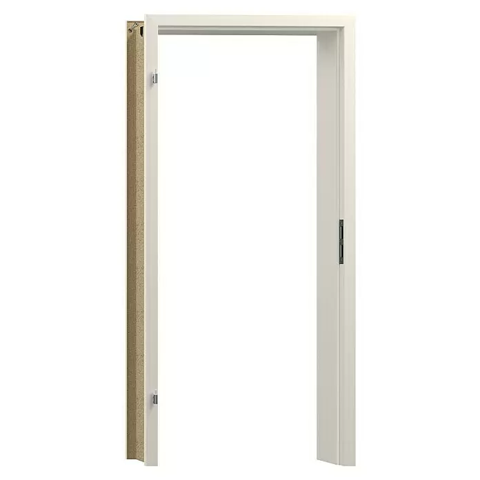 GetaDoor Laminit Türzarge GL 223 - 735 x 2.110 mm, Wandstärke: 80 mm, DIN Anschlag: Links, Weiß seidenmatt - Hellbeiger Türrahmen mit offenliegendem Spanplattenkern, Scharnieren und Schließblech.