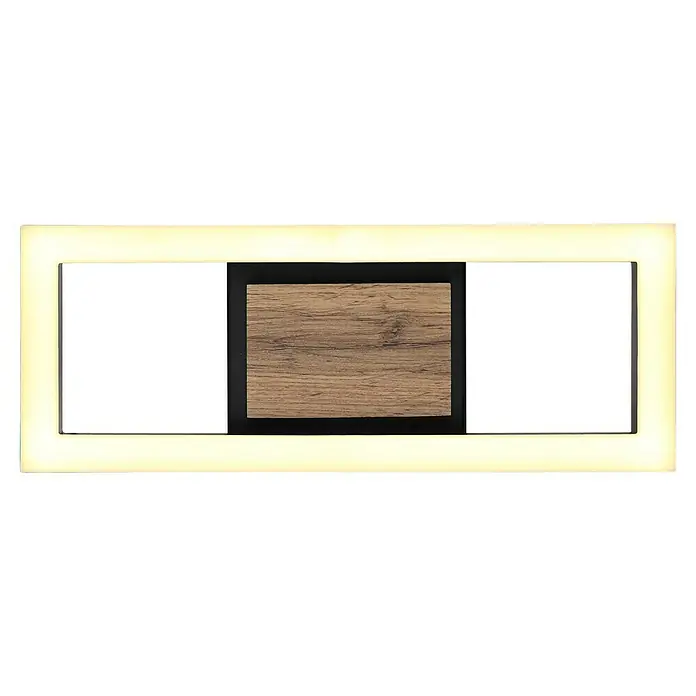 Globo LED-Deckenleuchte Beatrix - 12 W, Warmweiß, Schwarz-matt, L x B x H: 345 x 130 x 58 mm - Nahaufnahme einer rechteckigen LED-Deckenleuchte mit einem Holzpaneel in der Mitte, perfekt für moderne Innenräume.