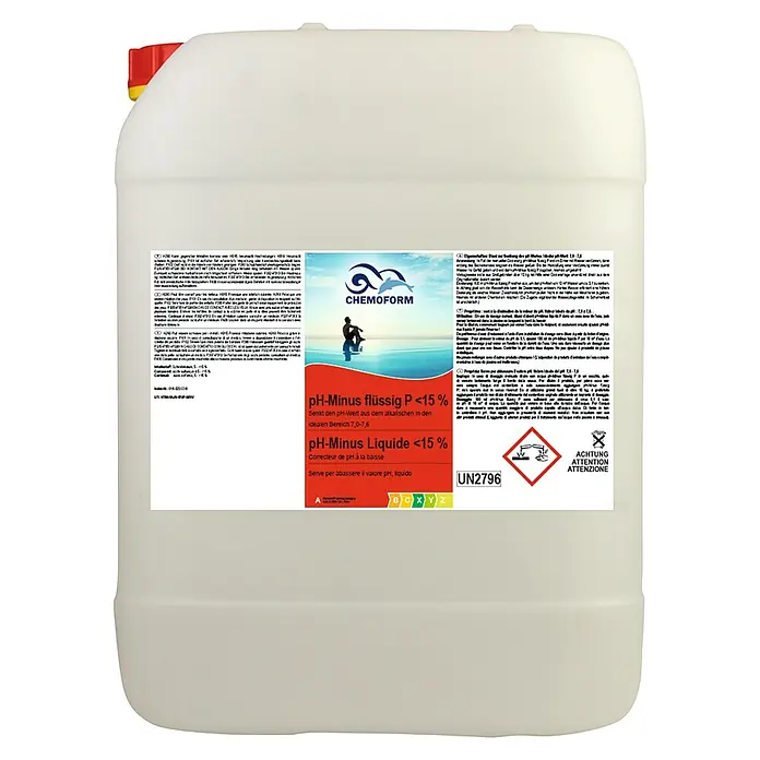 KWAD pH-Minus - 22 kg - Abbildung eines Kanisters Chemform pH-Minus flüssig P <15%. Senkt den pH-Wert im Pool, um ideale Wasserqualität zu gewährleisten.