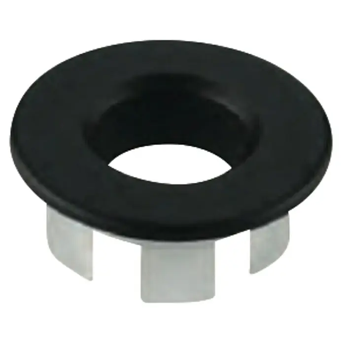Imex Embellecedor para rebosadero - Metal, Negro - Primer plano de un rebosadero de fregadero negro con un anillo de montaje blanco, que se usa para grifería de lavabo.