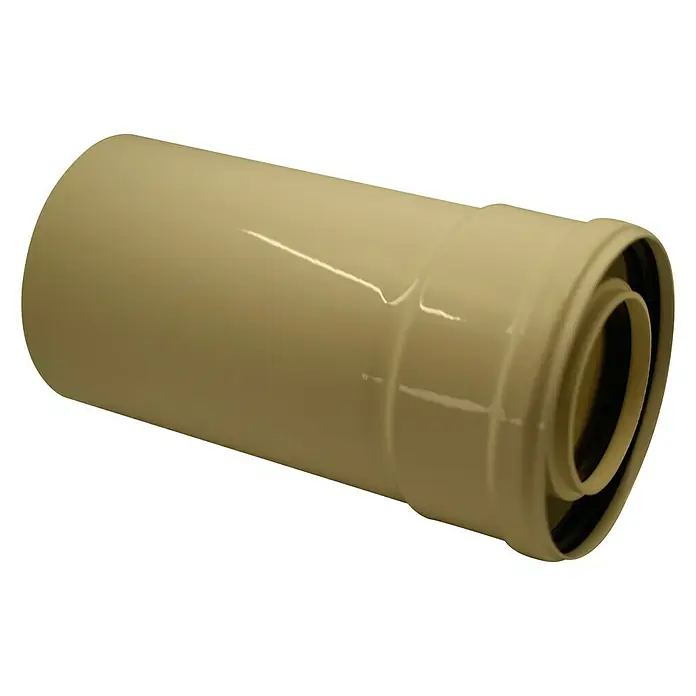 Tubo coaxial de condensación - Ø x L: 60.100 x 25 cm - Primer plano de un tubo de PVC beige con un sello, utilizado para instalaciones de fontanería.