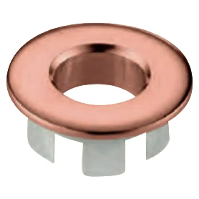 Imex Embellecedor para rebosadero - Metal, Oro rosa - Primer plano de una cubierta de rebosadero de oro rosa con cuerpo de plástico blanco, apta para lavabos.