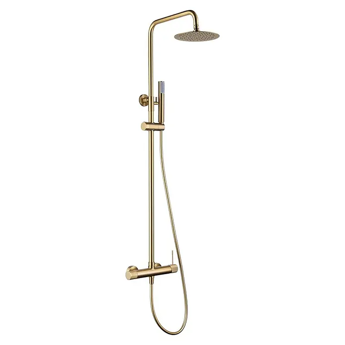 Imex Line Sistema de ducha - Con grifo monomando, Oro - Un conjunto de panel de ducha de color dorado con mezclador termostático y ducha de mano para una experiencia de ducha lujosa.