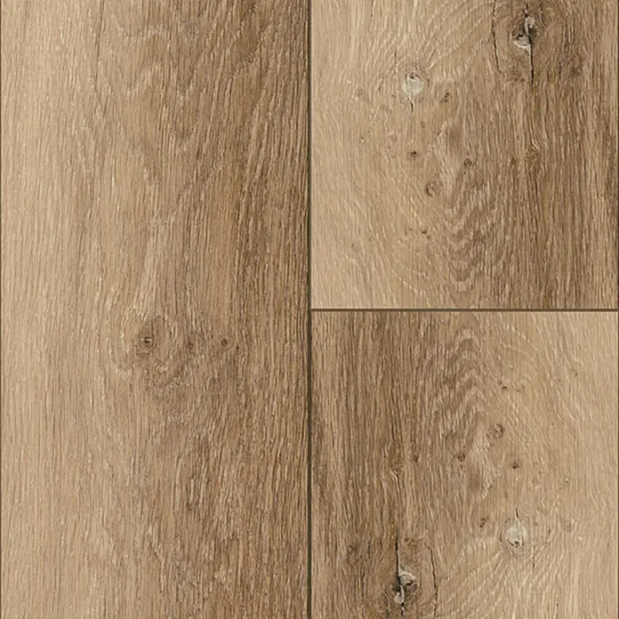 Krono Original Laminat Organic Flex - Hazel Range Oak, Landhausdiele, 1.288 x 189 x 7 mm - Nahaufnahme von drei miteinander verbundenen, rechteckigen Holzparkettfliesen mit markanten Holzmaserungen.