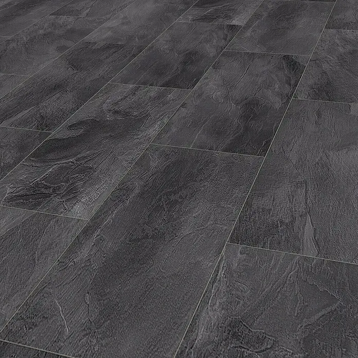 Krono Original Laminatmuster Organic Classic Nightfall Slate - 297 x 330 x 8 mm, Fliesenoptik - Dunkle Steinbodenfliesen, die ein elegantes und modernes Ambiente schaffen. Ideal für stilvolle Innenräume mit ihrer realistischen Textur.