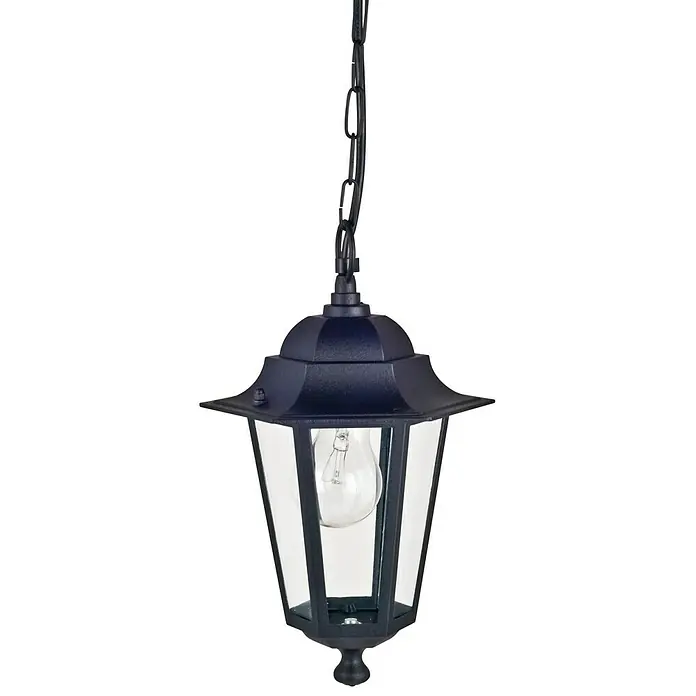 Lámpara colgante colgante Orlando - 60 W, Color del marco: Negro, 22,6 x 20,2 x 94,7 cm, Sin bombillas - Una linterna negra para exteriores cuelga de una cadena. La linterna tiene un diseño clásico con paneles de vidrio transparente y una bombilla en su interior.