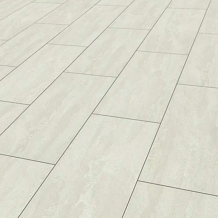 Krono Original Laminat Organic Classic - Ice Flow, Fliese, 638 x 330 x 8 mm - Eine Nahaufnahme von beigen Bodenfliesen mit dunklen Fugenlinien, die ein sauberes und modernes Design zeigen. Die Fliesen haben eine dezente Textur.