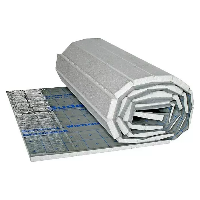 Schlösser Wärmedämmung - 0,9 x 10 m, Geeignet für: Fußbodenheizungen - Aufgerollte weiße Dämmmatte mit silberner Folienoberfläche, blauen Gitterlinien und Text.