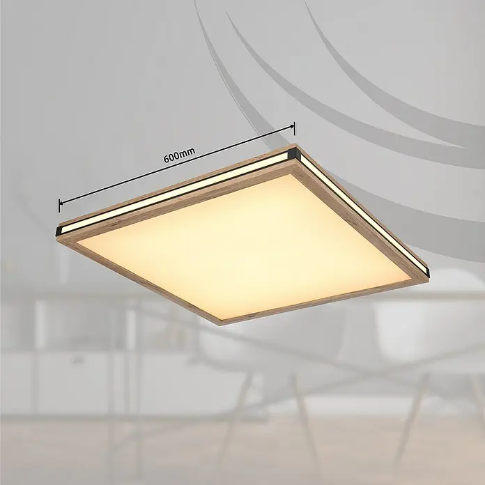 Globo LED-Deckenleuchte Carla - 24 W, Warmweiß, Holzoptik, L x B x H: 60 x 60 x 7,5 cm - Deckenleuchte in quadratischer Form mit Holzrahmen und der Angabe der Größe von 600 mm.