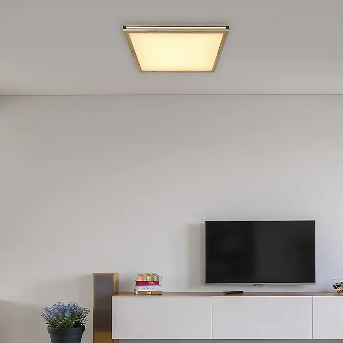 Globo LED-Deckenleuchte Carla - 24 W, Warmweiß, Holzoptik, L x B x H: 60 x 60 x 7,5 cm - Eine quadratische Deckenleuchte mit Holzrahmen und warmem Licht, ideal für modernes Interieur und stimmungsvolle Beleuchtung.