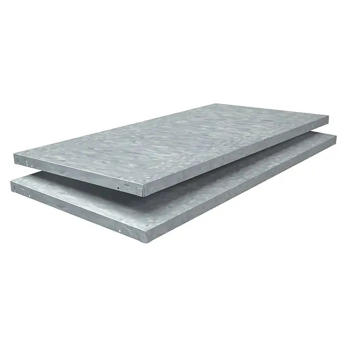 Schulte Metallregal Power Max - H x B x T: 190 x 100 x 40 cm, Traglast pro Boden: 65 kg, Anzahl Böden: 5 Stk., Stecken, Silber - Zwei Metallplatten, ideal für robuste Regalsysteme oder industrielle Anwendungen. Ihre strukturierte Oberfläche bietet zusätzlichen Halt.