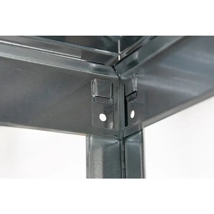 Schulte Metallregal Weitspannregal - H x B x T: 180 x 183 x 50 cm, Traglast pro Boden: 175 kg, Anzahl Böden: 4 Stk., Silber - Nahaufnahme einer Ecke eines verzinkten Metallregals, das die Verbindung und Konstruktion des Regals zeigt.