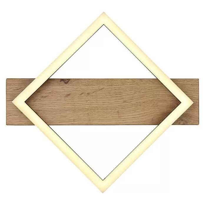 Globo LED-Deckenleuchte Beatrix - 12 W, Warmweiß, Holz/Schwarz, L x B x H: 33 x 31 x 5,5 cm, 1 Stk. - Beleuchteter, rautenförmiger Rahmen mit warmem Licht, montiert auf einer rechteckigen hellen Holzplatte.