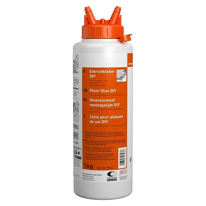Fermacell Estrichkleber DIY - 1 kg - Weiße Flasche fermacell Estrichkleber DIY mit orangefarbener Kappe.