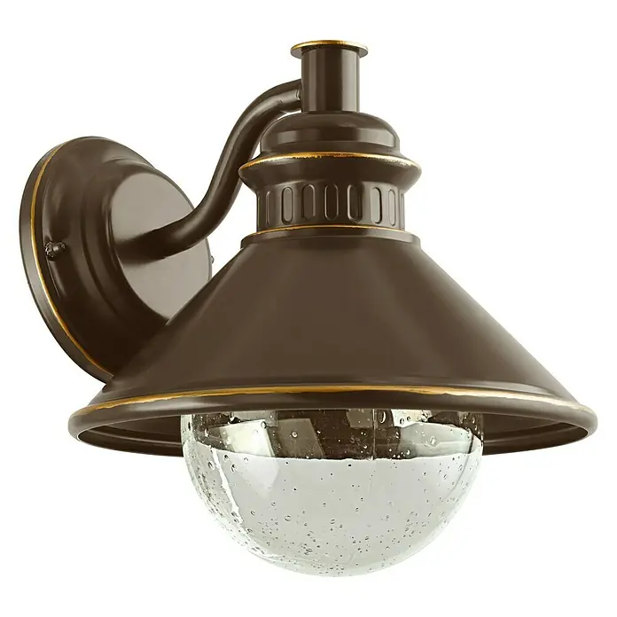 Eglo Aplique exterior Albacete - 60 W, 28 x 26,5 x 25,5 cm, Marrón, IP44 - Primer plano de una lámpara de pared exterior de bronce con un globo transparente, que proporciona una iluminación atractiva y acentúa con estilo cualquier exterior.