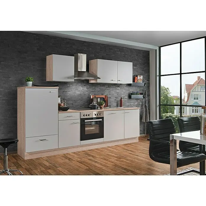Menke Küchenzeile Classic - Breite: 280 cm, Weiss, Dekor Arbeitsplatte: Holzoptik, Mit Elektrogeräten, Mit Geschirrspüler - Moderne Küche mit grauen Schränken, Holzrahmen und stilvollem Backofen. Perfekt für moderne Wohnräume mit viel Stauraum und Arbeitsfläche.