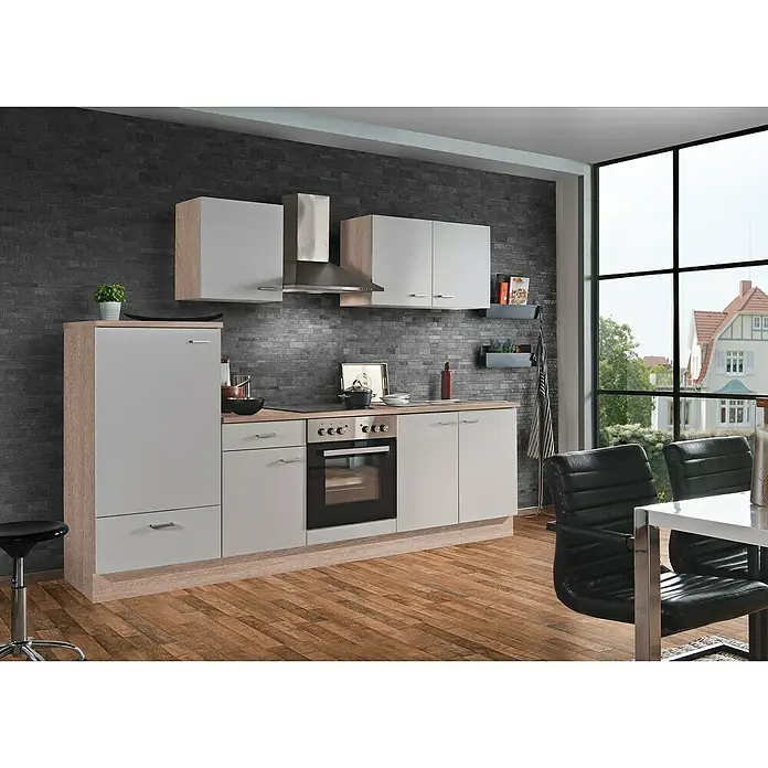 Menke Küchenzeile ClassicBreite: 270 cm, Weiss, Mit Elektrogeräten, Dekor Arbeitsplatte: Holzoptik - Eine moderne Küche mit grauem Schrankdesign und Holzdetails, ergänzt durch Edelstahl-Akzente und einen stilvollen Essbereich mit schwarzen Lederstühlen.