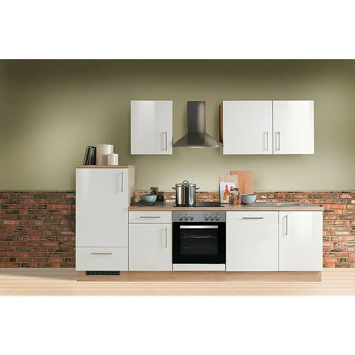 Menke Küchenzeile Premium - Breite: 280 cm, Weiß, Hochglänzend, Mit Elektrogeräten - Helle Küche mit weißen Schränken, Arbeitsplatte in Holzoptik und modernen Geräten, die eine stilvolle und funktionale Umgebung schaffen.