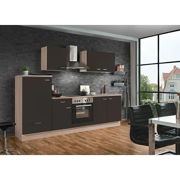 Menke Küchenzeile Classic - Breite: 270 cm, Lava-Melamin, Mit Elektrogeräten, Dekor Arbeitsplatte: Holzoptik - Moderne Küche mit dunklen Schränken und Holzelementen, Dunstabzugshaube und Blick aus dem Fenster.