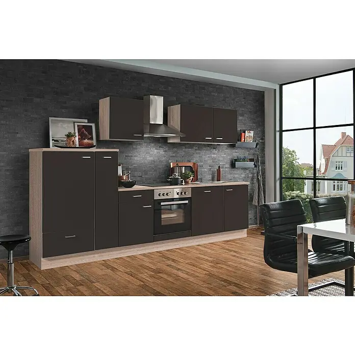 Menke Küchenzeile Classic - Breite: 310 cm, Lava-Melamin, Dekor Arbeitsplatte: Holzoptik, Mit Elektrogeräten, Mit Geschirrspüler - Ein modernes Küchendesign mit dunklen Schränken, hellem Holzrahmen und modernen Geräten für einen stilvollen Look.