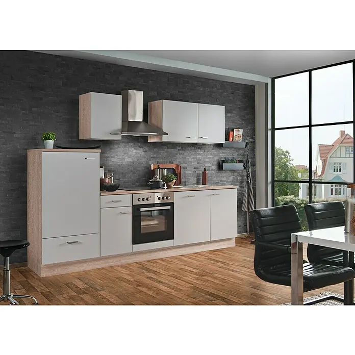 Menke Küchenzeile Classic - Breite: 270 cm, Weiss, Dekor Arbeitsplatte: Holzoptik, Mit Elektrogeräten, Mit Geschirrspüler - Helle Küche mit integrierten Geräten, weißen Schränken und Holzakzenten vor einer dunklen Backsteinwand.