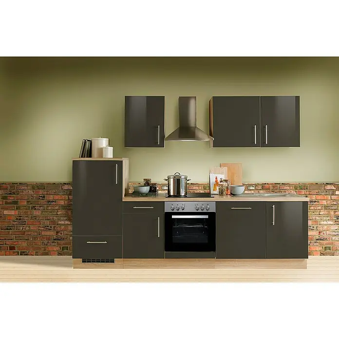 Menke Küchenzeile Premium - Breite: 280 cm, Lava, Hochglänzend, Mit Elektrogeräten - Moderne Küche mit grauen Schränken, Edelstahl-Dunstabzugshaube und Kochutensilien auf der Arbeitsfläche. Stilvolles Küchendesign für Ihr Zuhause.