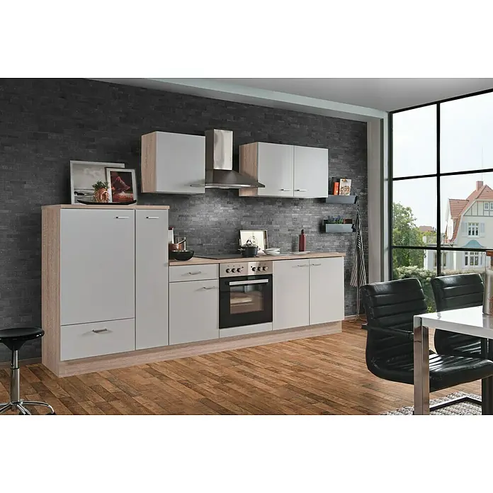 Menke Küchenzeile Classic - Breite: 300 cm, Weiss, Mit Elektrogeräten, Dekor Arbeitsplatte: Holzoptik - Moderne Küche mit grauen Schränken, hölzernen Arbeitsplatten und Edelstahlgeräten vor einer Ziegelwand für einen modernen Look.