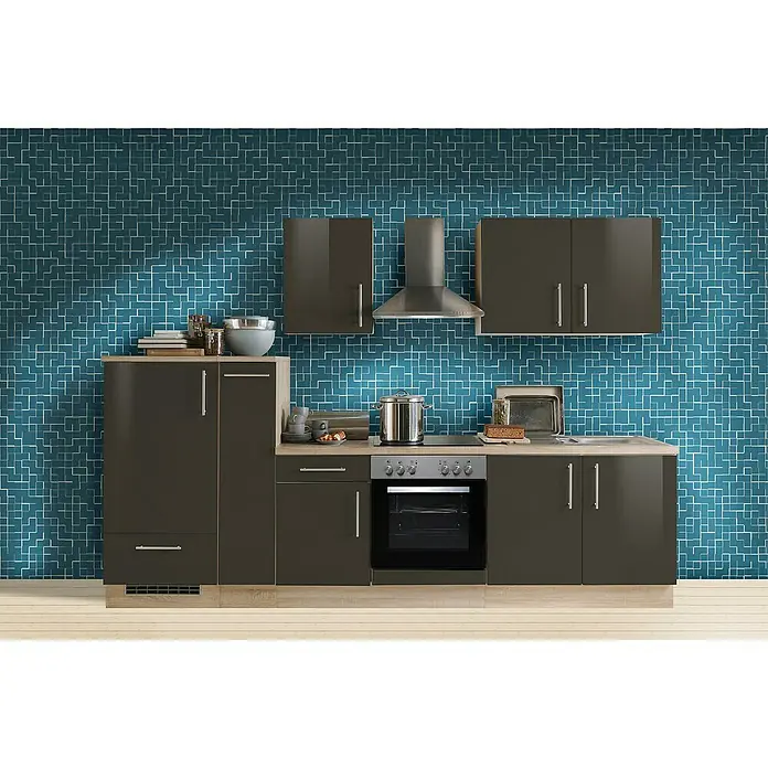 Menke Küchenzeile Premium - Breite: 300 cm, Lava, Farbe Arbeitsplatte: Sonoma-Eiche, Mit Elektrogeräten - Küchenzeile mit Spüle, Herd, Ofen, Dunstabzugshaube & Hängeschränken vor blau gemusterter Wand. Elegantes Design für moderne Wohnungen.