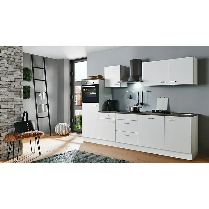 Menke Küchenzeile Classic - Breite: 280 cm, Weiss, Mit Elektrogeräten - Moderne Küche mit weißen Schränken, dunkler Arbeitsplatte und integrierten Geräten für einen stilvollen und funktionalen Raum.